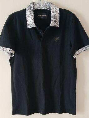 Roberto Cavalli Black Polo with Snake-Print Collar